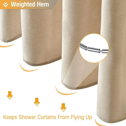 Cortina de ducha de lino de lujo – Cortina de baño de tela impermeable con ganchos de metal