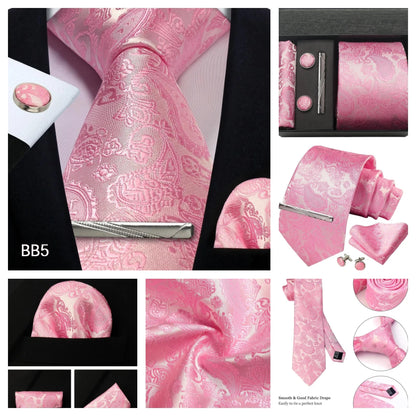 Corbata de seda 100% con diseño floral de Paisley para hombre con pañuelo de bolsillo, pasador de corbata y gemelos en caja de regalo