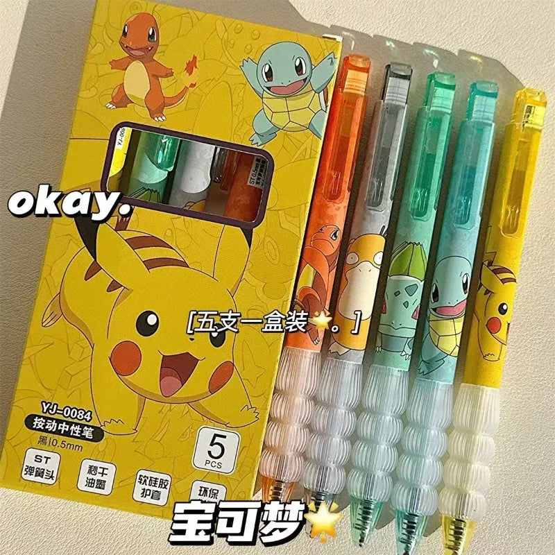 5PCS Pokémon Gel Ink Pens – Pikachu, Squirtle & Charmander Kawaii Cartoon School Stationery Set