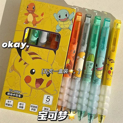 5PCS Pokémon Gel Ink Pens – Pikachu, Squirtle & Charmander Kawaii Cartoon School Stationery Set