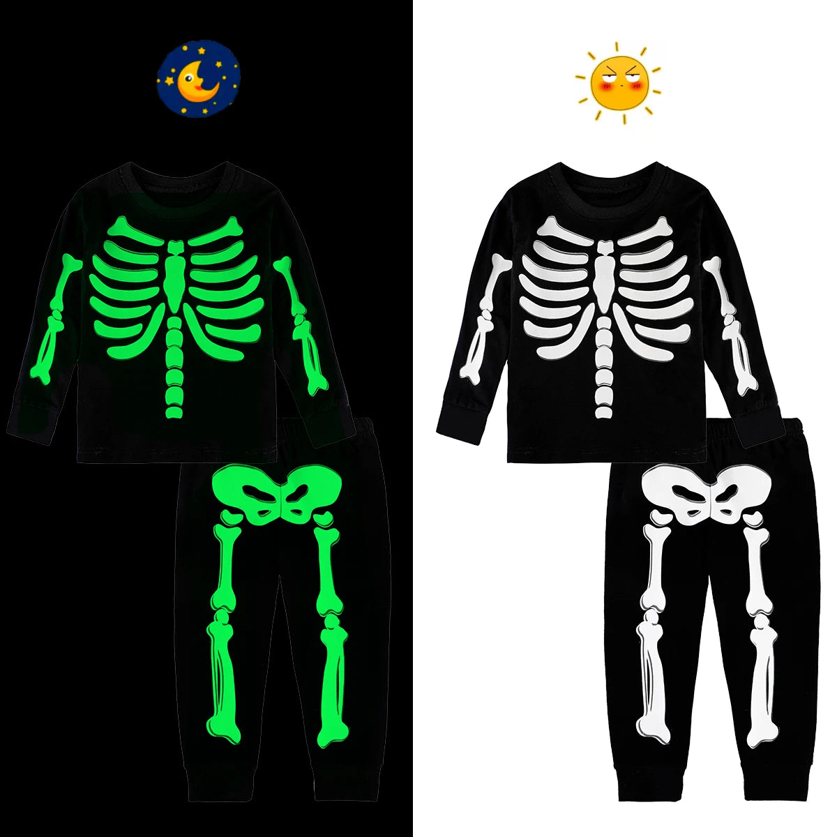 Kids Halloween Skeleton Pajamas Set, Glow-in-the-Dark Toddler Boys and Girls Sleepwear, Unicorn Print Infant Nightwear, 2-Piece Costume Outfit for Halloween and Carnival