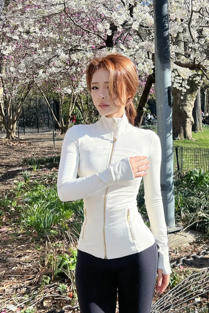 Women’s Gold Zipper Yoga Jacket – Stand Collar Slim Fit Quick-Dry Breathable Sports & Running Activewear