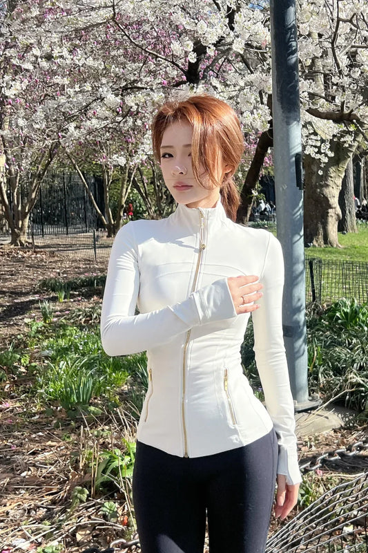 Chaqueta de Yoga para Mujer con Cremallera Dorada – Cuello Alto Ajustada de Secado Rápido Transpirable para Deportes y Correr