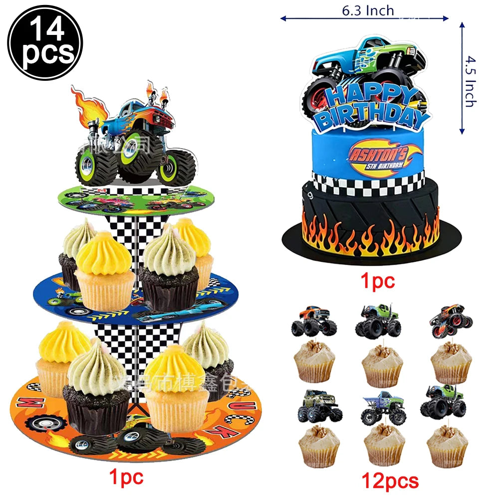 Monster Truck Birthday Party Supplies – Disposable Plates, Napkins, Banner & Tablecloth for Kids' Boys' 2nd Birthday Decorations