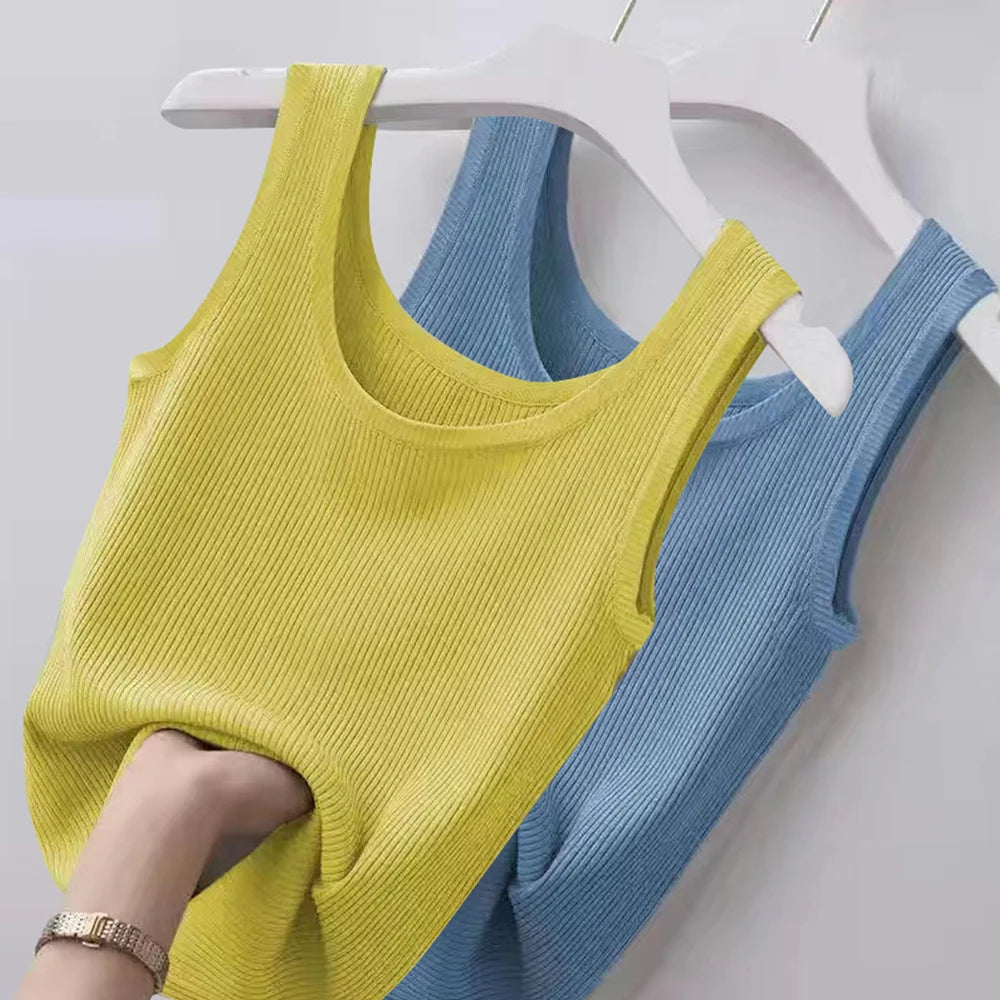Haut court décontracté basique en tricot à col en U sans manches et de couleur unie pour femme, idéal pour l'automne