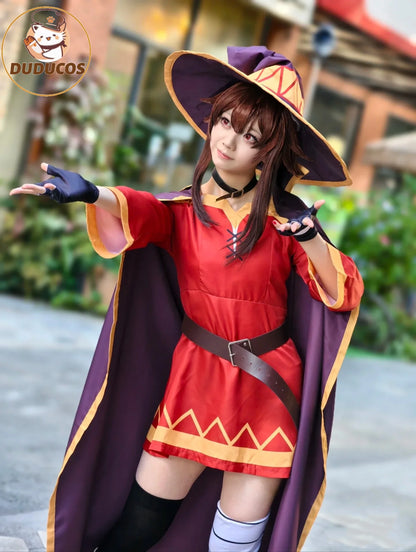 KonoSuba Megumin Cosplay Costume – Witch Cloak Set with Wig, Hat, Blindfold & Stockings (Women’s Halloween Outfit)