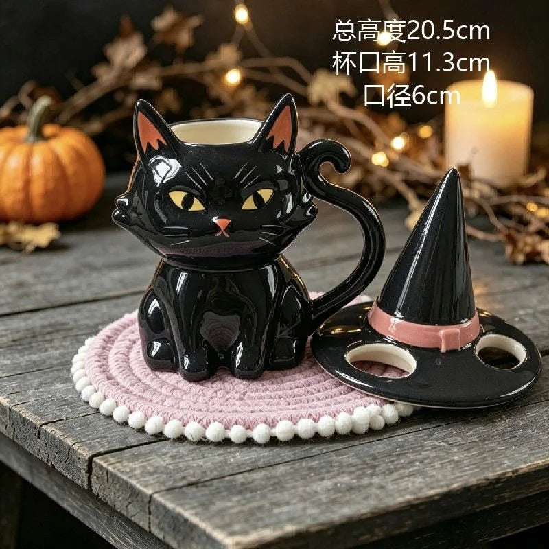 Black Cat Halloween Ceramic Mug – Cute Witch Hat Lid Coffee & Tea Cup for Home, Dorm & Parties, Cat Lover Gift