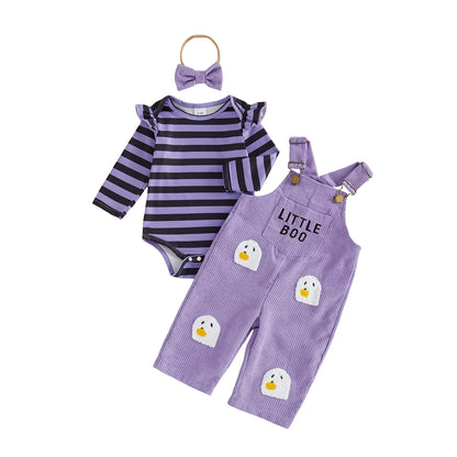 Toddler Girls 3-Piece Halloween Outfit – Long-Sleeve Striped Romper with Pumpkin & Ghost Embroidery, Overalls & Bow Headband