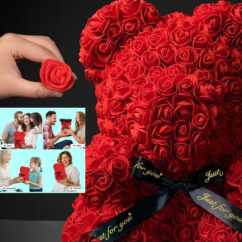 Ourson en roses artificielles – Cadeau fleur éternelle pour la fête des mères, la Saint-Valentin, les anniversaires et les fêtes.