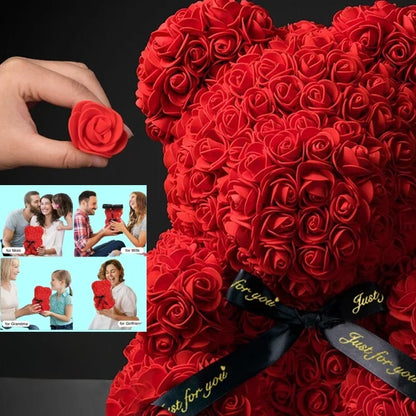 Ourson en roses artificielles – Cadeau fleur éternelle pour la fête des mères, la Saint-Valentin, les anniversaires et les fêtes.