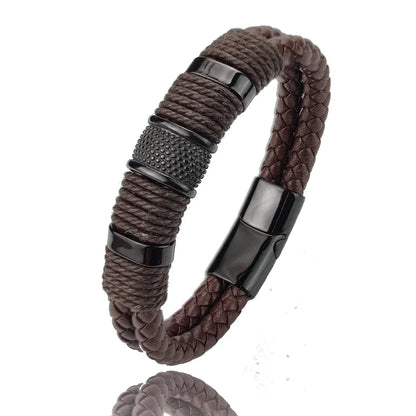 Luxury Vintage Leather Bracelet for Men – Multi-Layer Brown Leather & Stainless Steel Bead Wrist Bangle | Fashion Jewelry Gift