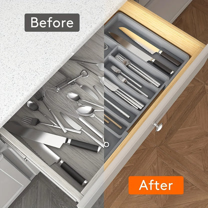 Adjustable Flatware Drawer Organizer – Plastic Kitchen Utensil Storage Tray for Cutlery, Tableware & Countertop