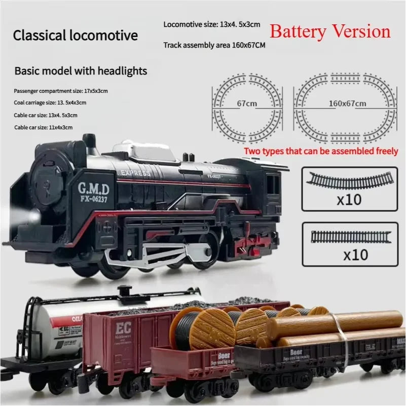 Retro Electric Freight Steam Train Toy Set – DIY Assembly Railway Track with Lights, Sound & Smoke Simulation, Children’s Gift