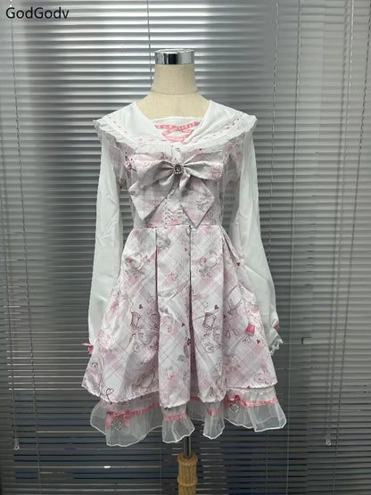 Vestido japonés Sweet Lolita Kawaii para mujer 2025, estampado de primavera, lazo, vestido falso de dos piezas, estilo coreano, ropa de fiesta