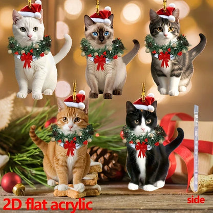 Cute Cat 2D Acrylic Christmas Pendant – Flat Hanging Ornament for Xmas Tree, Holiday Party & Festive Home Decor