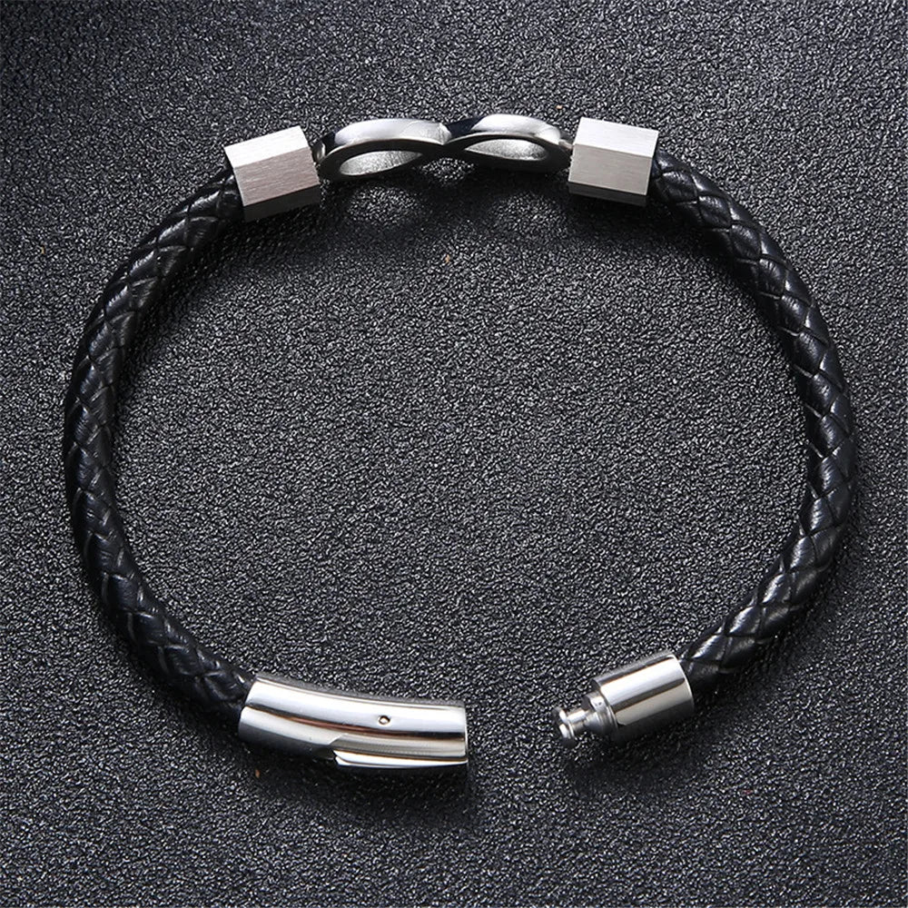 MKENDN Classic No. 8 Infinity Bracelet – Unisex Braided Leather Wristband with 316L Stainless Steel Details, Fashion Jewelry Gift