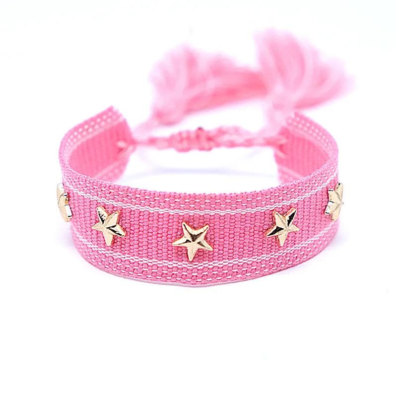 Bohemian Star Tassel Bracelet – Handmade Woven Alloy Gold Rivet Wrist Strap for Women | Ethnic Fashion Jewelry Gift
