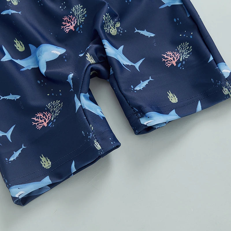 Kids Shark Print Rash Guard Swimwear Set – Long Sleeve Half Zip-Up Bathing Suit with Sun Hat, 2-Piece Toddler Boys’ Swimsuit for 0-5 Years, UV Protective Beachwear for Pool, Swimming & Summer Activities
