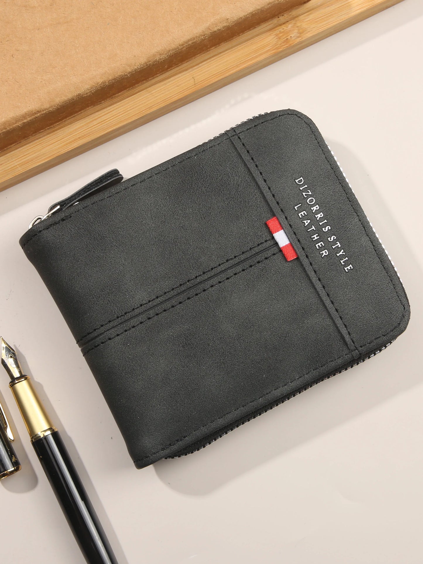 Men's Retro Trifold Wallet PU Leather Short Wallet with Zipper Coin Pocket & Buckle Closure