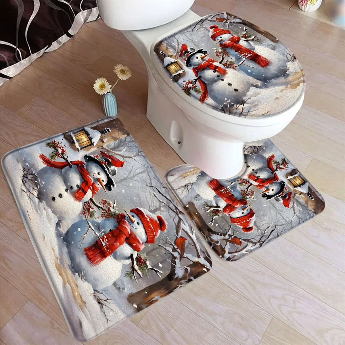 Funny Christmas Bath Mat Set – Cute Snowman, Santa Claus, Red Ball & Xmas Tree Bathroom Rugs with Toilet Lid Cover