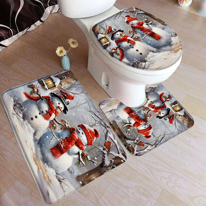 Funny Christmas Bath Mat Set – Cute Snowman, Santa Claus, Red Ball & Xmas Tree Bathroom Rugs with Toilet Lid Cover