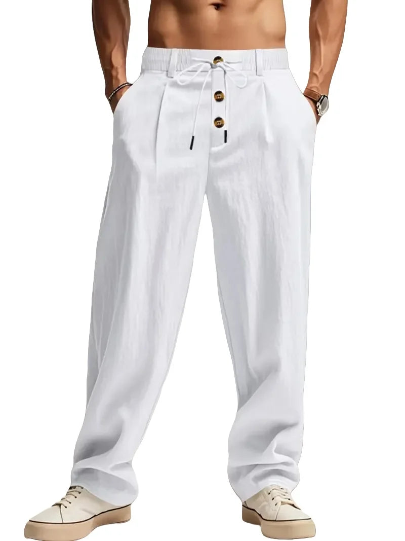 Men's Cotton Linen Casual Pants Breathable Loose Straight Leg Beach & Outdoor Trousers