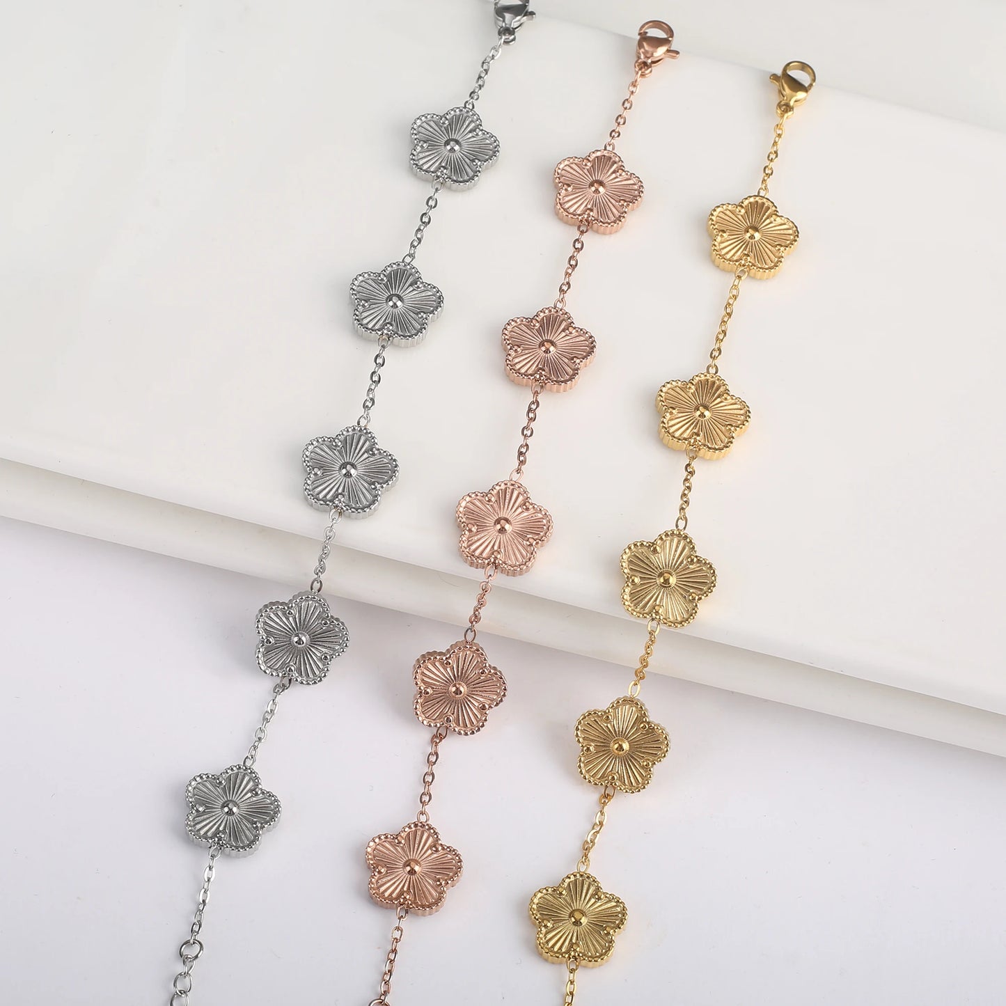 Stainless Steel Five Leaf Flower Clover Bracelet for Women Girls Adjustable Laser Petal Classic Brand Jewelry Gift