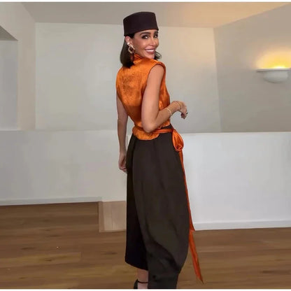 Women’s 2026 Spring Orange Sleeveless Satin Top Long Ribbon Elegant Stylish Fashion Blouse