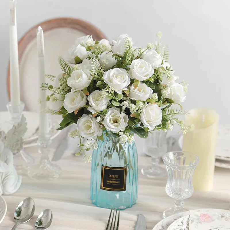 Ramo de Rosas Peonías Blancas Artificiales de 30cm – Flores Falsas de Seda con 5 Flores Grandes y 4 Capullos para Ramos de Novia, Decoración del Hogar y Arreglos Florales