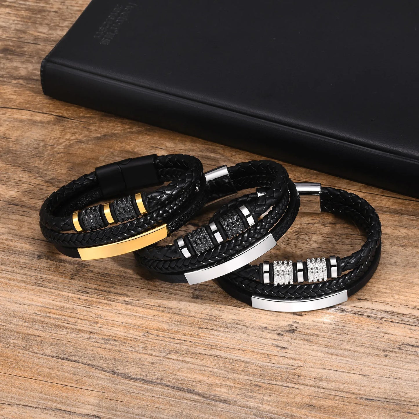 Vnox Personalized Braided Leather Bracelet for Men – Custom Name Engraved Triple Woven PU Leather Wristband | Handmade Gift Jewelry