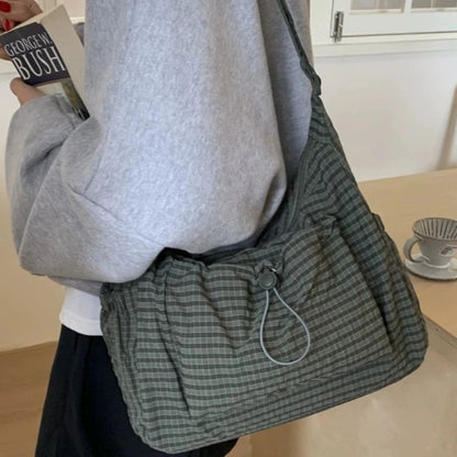 Bolso de hombro de nailon estilo coreano – Bolso tote sencillo a cuadros con cremallera y diseño de nube plisada con cordón ajustable, bandolera de moda para mujer, bolso de mano casual para el día a día