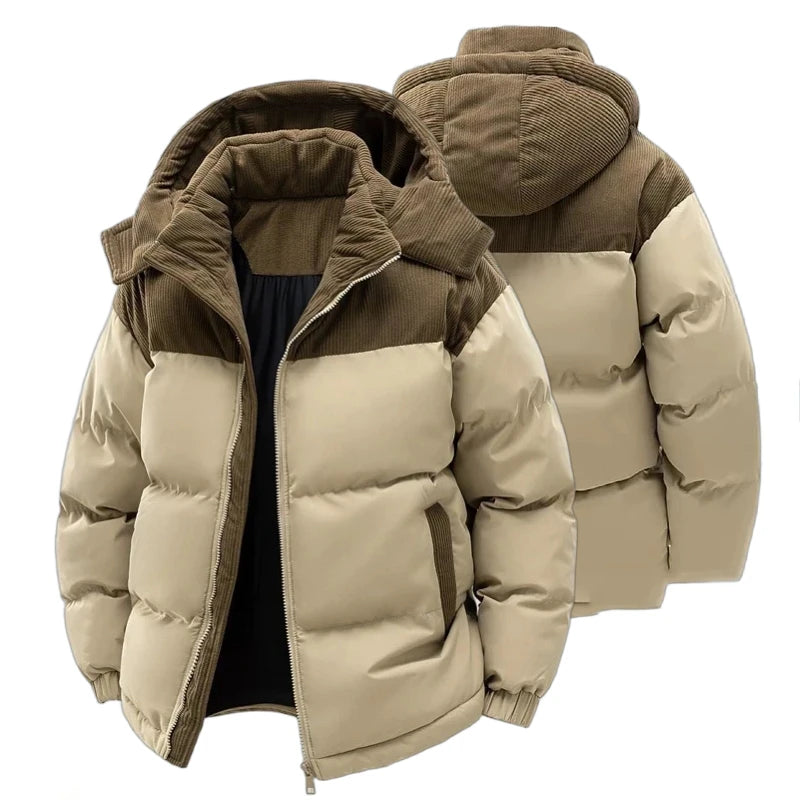 Men’s Hooded Winter Parka – Thick Fleece-Lined Cotton Jacket with Front Zipper, Warm Casual Coat for Cold Weather