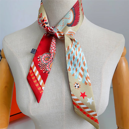 Pañuelo estrecho de sarga de seda 100 % de lujo para mujer, diseño de marca, pañuelo para bolso, pañuelo para el cuello, diadema para el pelo