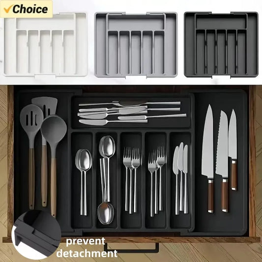 Organizador Ajustable de Cubiertos para Cajón – Bandeja de Almacenamiento de Plástico para Utensilios de Cocina, Cubiertos y Encimera