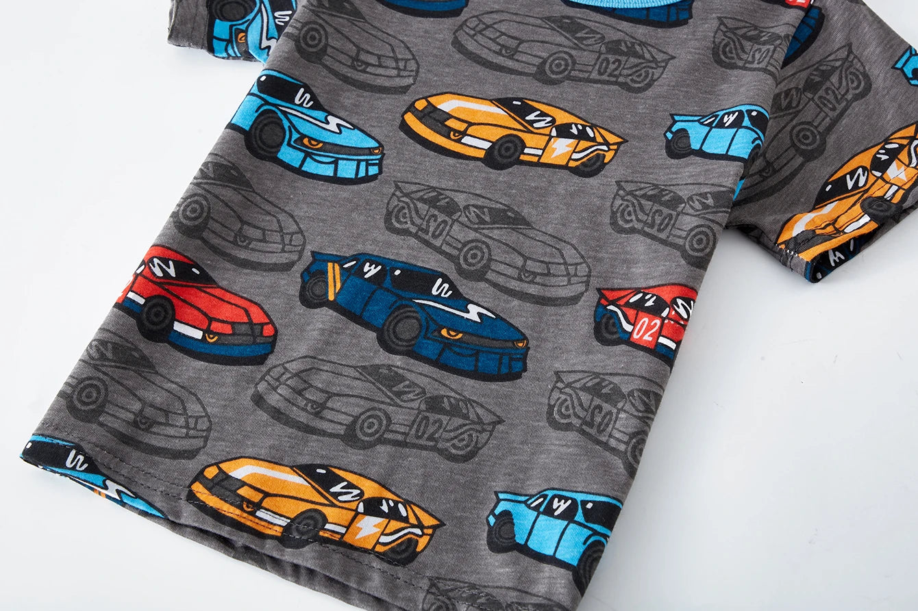 Conjunto de pijama de 2 piezas para niños, 100% algodón, estampado de coches, suave, transpirable, de manga corta, para verano