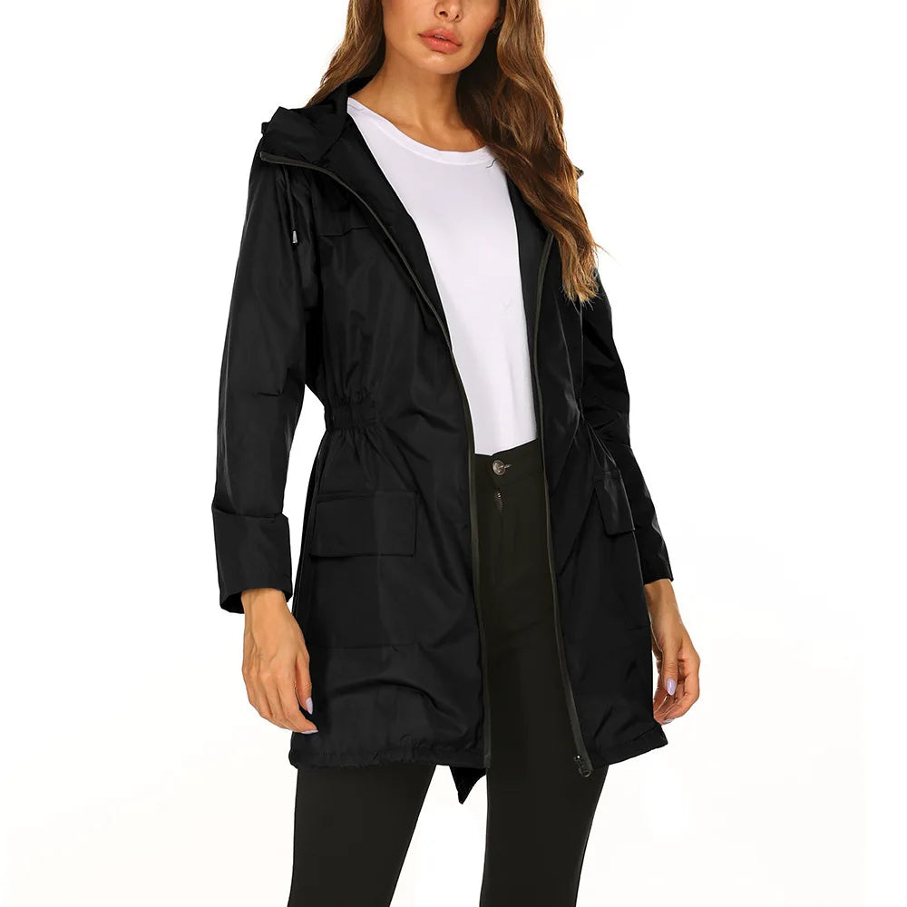Women’s Lightweight Waterproof Raincoat – Long Hooded Windbreaker Jacket for Hiking, Climbing, Outdoor Activities & Rainy Weather