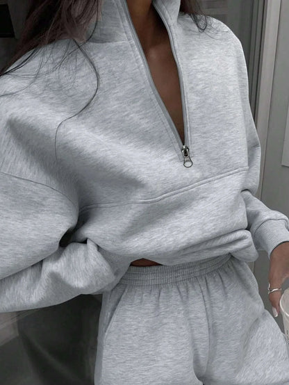 FSMG Women’s Casual 2-Piece Tracksuit Set – Half High Neck Long Sleeve Zip Pullover & Elastic Waist Pants, Solid Sport Outfit