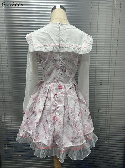 Vestido japonés Sweet Lolita Kawaii para mujer 2025, estampado de primavera, lazo, vestido falso de dos piezas, estilo coreano, ropa de fiesta