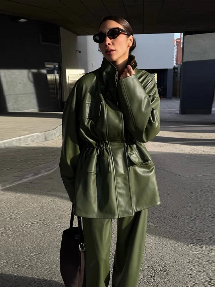 Women’s PU Leather Jacket – Long-Sleeve Stand Collar Zip-Up Coat, Casual Streetwear Outerwear for Autumn & Winter