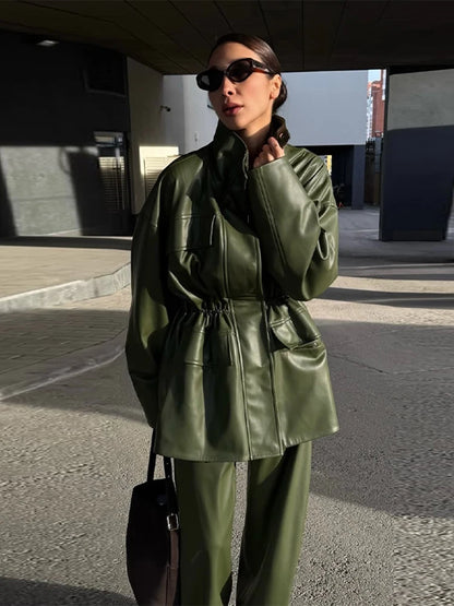 Women’s PU Leather Jacket – Long-Sleeve Stand Collar Zip-Up Coat, Casual Streetwear Outerwear for Autumn & Winter