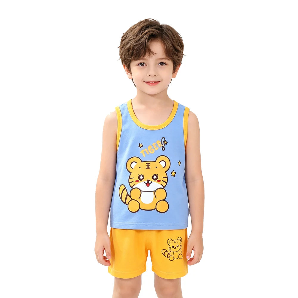 Kids 100% Cotton Pajama Set Sleeveless Tank Top & Shorts Summer Sleepwear for Boys & Girls