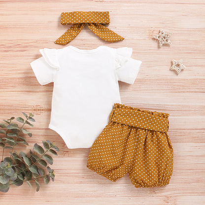 Baby Girl 3PCS Summer Outfit Set – Short Sleeve Bodysuit, Polka Dot Shorts & Headband for Infants
