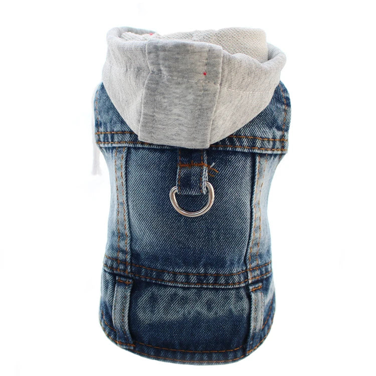 Cool Dog Denim Jacket Vest – Hooded Jean Coat with D-Ring for Small & Medium Dogs, Puppy Harness Vest for Spring Walks