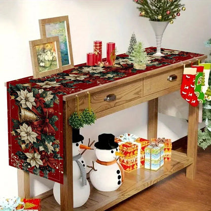 Christmas Poinsettia Table Runner – Winter Xmas Floral Tablecloth with Bells & Berry Design for Kitchen, Dining Table & Home Decor
