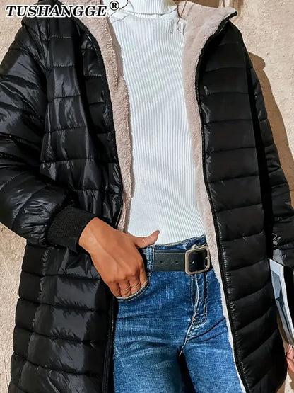Women’s Korean-Style Mid-Length Hooded Coat – Warm Cotton Parka with Lamb Fleece, Casual Office Jacket for Autumn & Winter