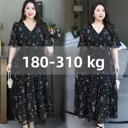 Plus Size Women's Floral Chiffon Dress – Elegant V-Neck A-Line Midi Dress with Flowy Skirt for Summer