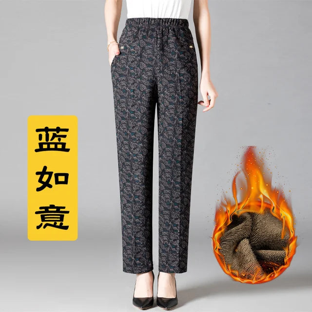 8XL Plus Size Women's Winter Pants – Printed Elastic High-Waist Velvet Trousers, Warm Straight-Leg Casual Oversized Fit