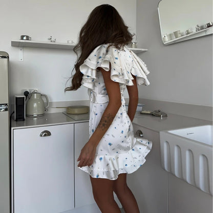 Robe mini florale à volants printemps-été 2026 pour femme – Jupe courte plissée à col en V, tenue décontractée élégante et à la mode