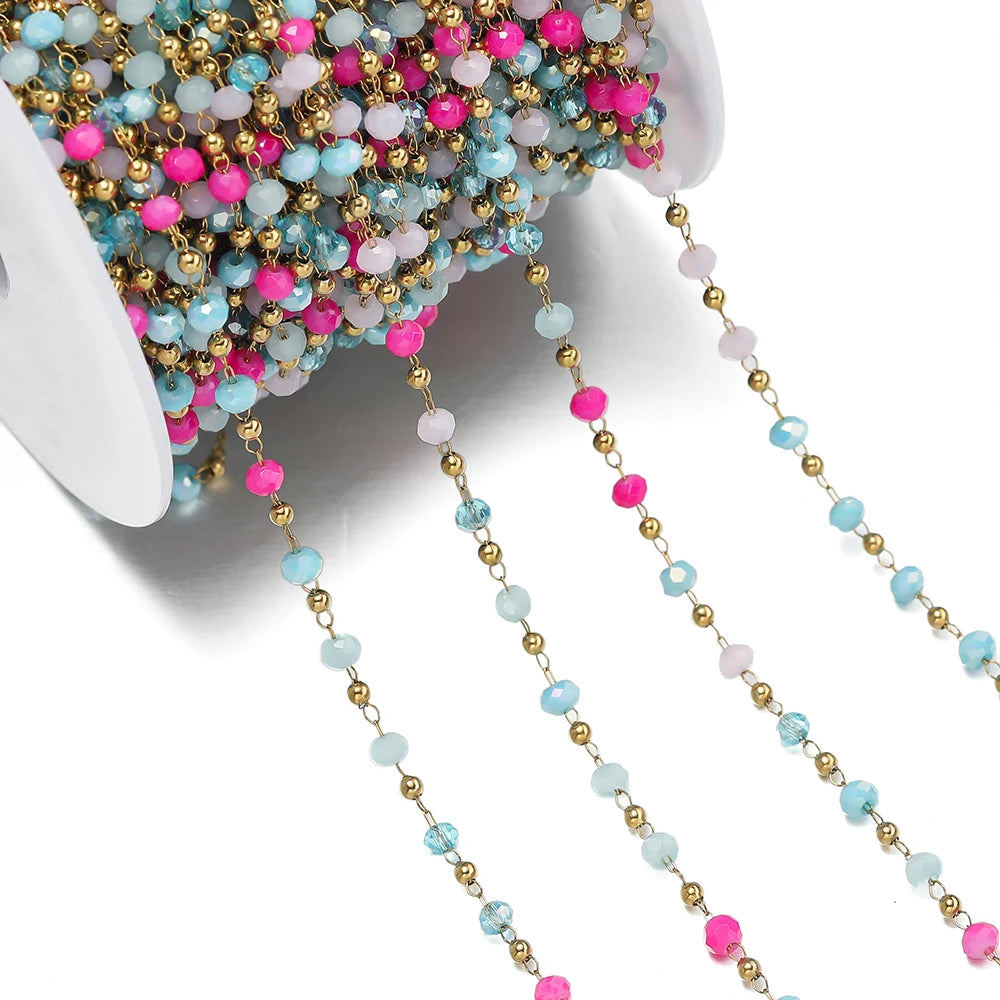 Cadena de Cuentas de Cristal de Acero Inoxidable de 1 m para Fabricación de Joyas – Cadena con Clip Multicolor para Collares, Pulseras y Manualidades DIY