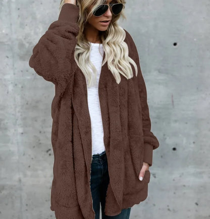 Women’s Double-Fleece Hooded Cardigan Jacket – Solid Color Plush Warm Coat with Long Sleeves, Oversized Autumn & Winter Outerwear